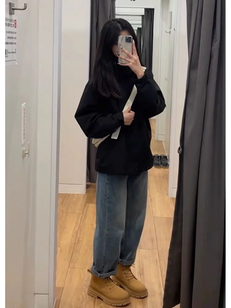 Blauwe Fce gevoerde Thi wijde pijpen jeans dames hoge taille losse pasvorm herfst winter casual Sle kleine gestalte broek met rechte pijpen