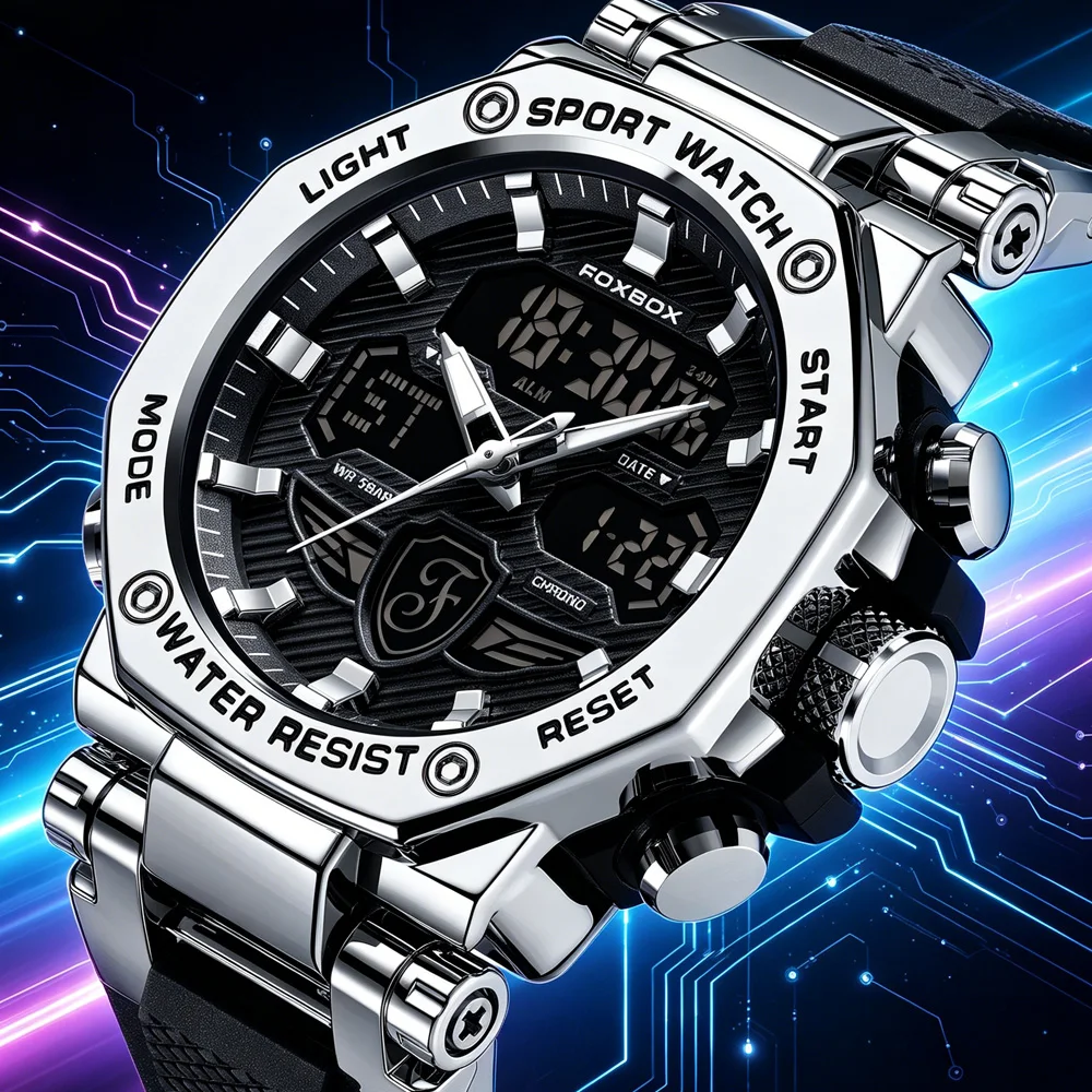 

FOXBOX Men Tactical Military Watches G-Style Clock For Man Luxury Sports Waterproof 50m Quartz Wristwatch LED Digital Mens Watch