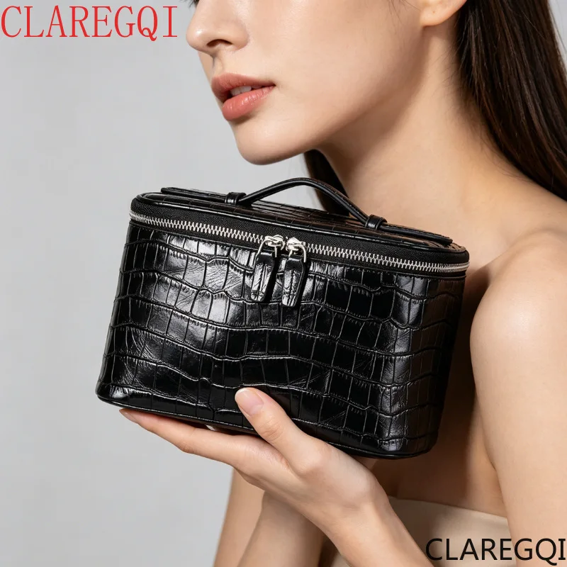 genuine-leather-crocodile-pattern-storage-bag-makeup-bag-with-mirror-large-capacity-portable-lightweight-and-easy-to-carry