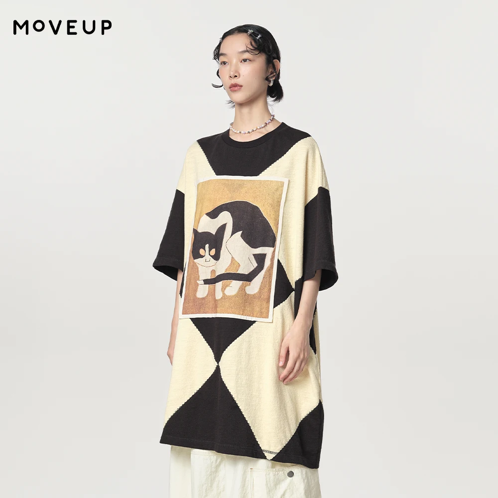 MOVEUP Short Sleeved Round Neck T-Shirt 2026 Spring New Contrast Color Splicing Cat Print Design Casual Top For Women 124110502