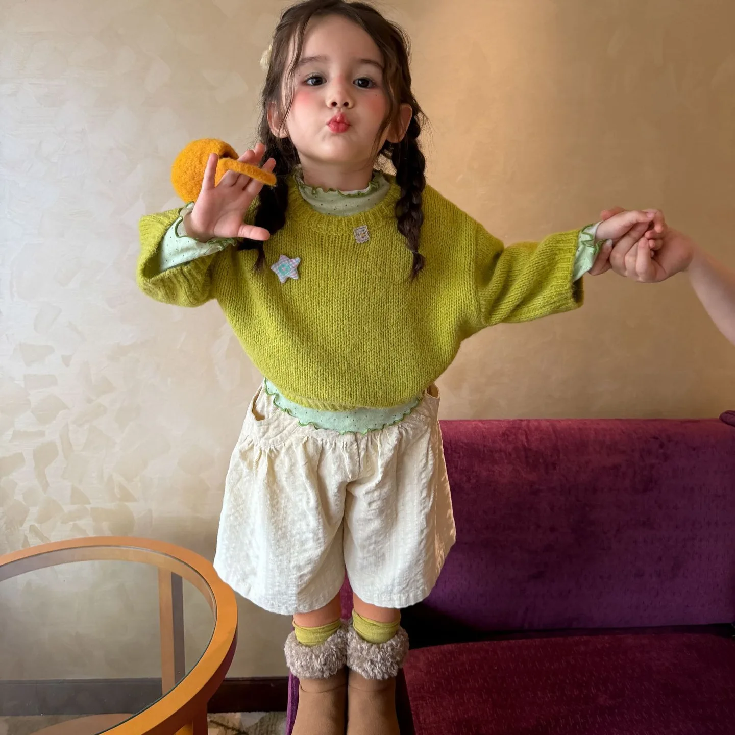 2026 Fall New Childrens Wear Korean Childrens Wear Apple Green Three Quarter Sleeve Pullover Sweater Kids Sweater