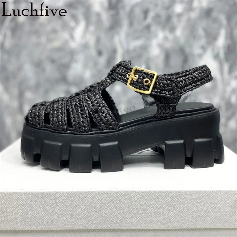 New Thick Soled Platform Sandals Women Twine Rattan Grass Braid Casual Beach Rome Sandals Summer Punk Lefu Flats Shoes Ladies