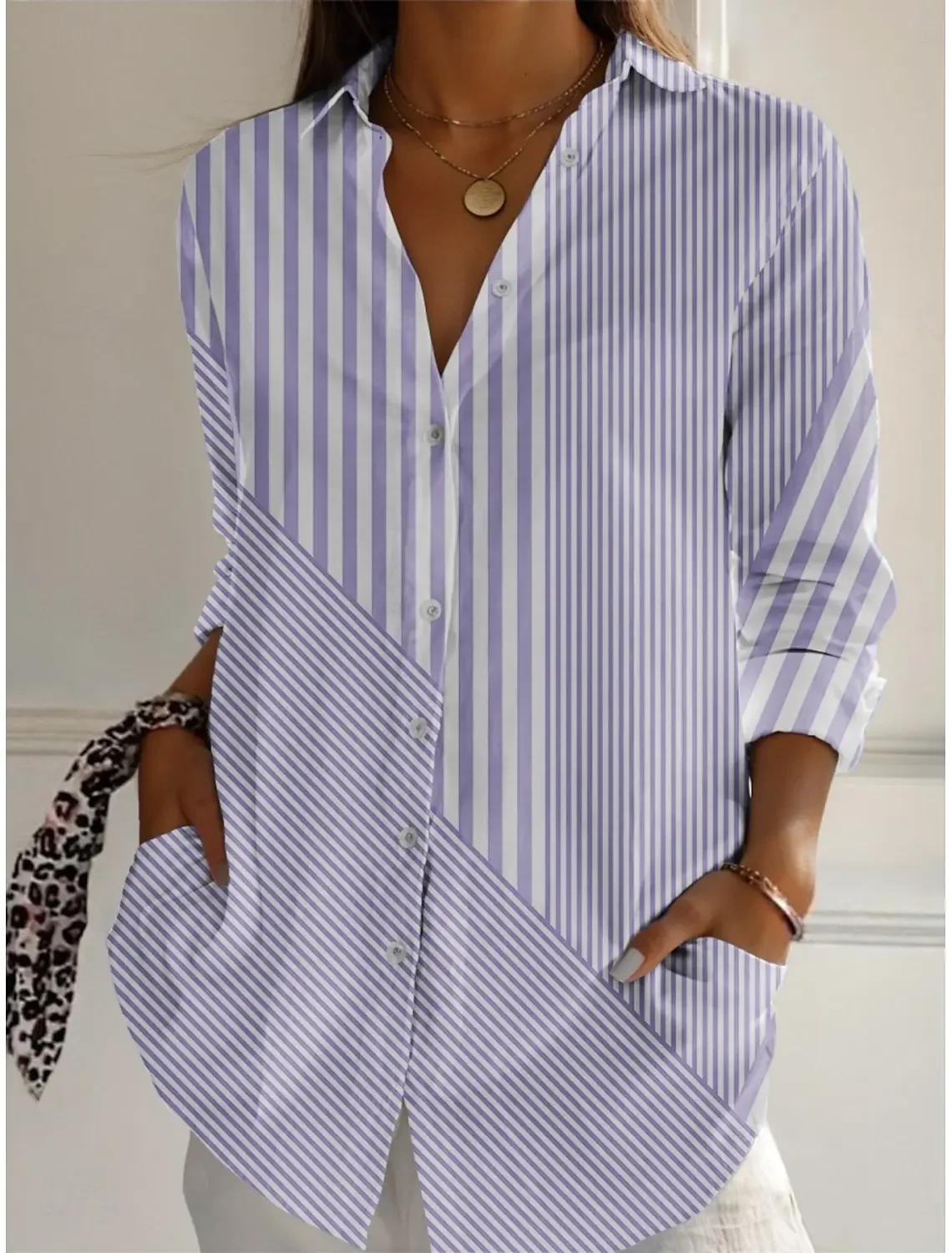 

2025 Fashion Spring Autumn Women's Shirts Striped Graphics Blouse Lapel Neck Blouse Women's Long Sleeve Shirts Womens Clothing