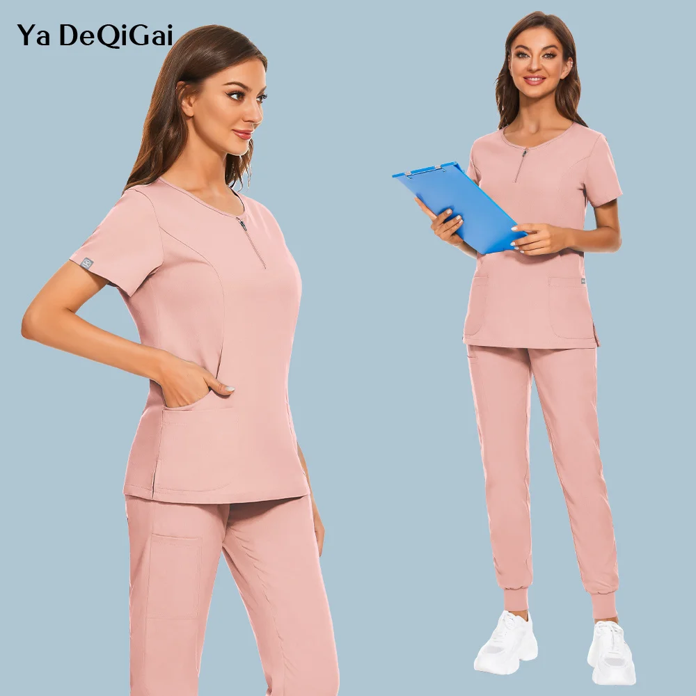 Moda scrub ternos scrubs conjunto para mulheres corredores topos + calças hospital médico enfermagem uniforme decote em v cor sólida workwear cirúrgico