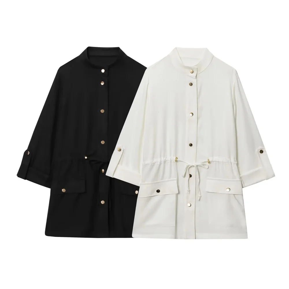 

PB&ZA2025all-match stand-up collar single-breasted casual all-match simple long-sleeved shirt summer women's wear