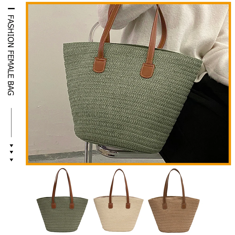 

Summer Shoulder Bag Large Capacity Woven Female Hand Bag Fashion Casual Simple Solid Color Portable Elegant for Weekend Vacation