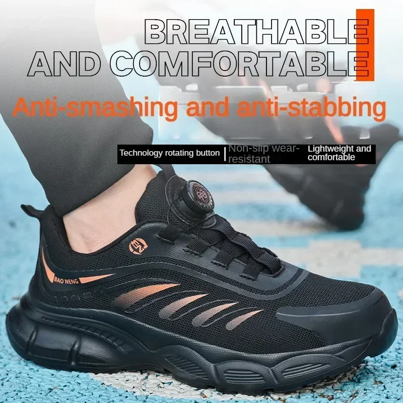 Men Rotary Buckle Safety Boots Steel Toe Puncture Proof Work Sneakers Breathable Durable Protective Footwear for Men and Women