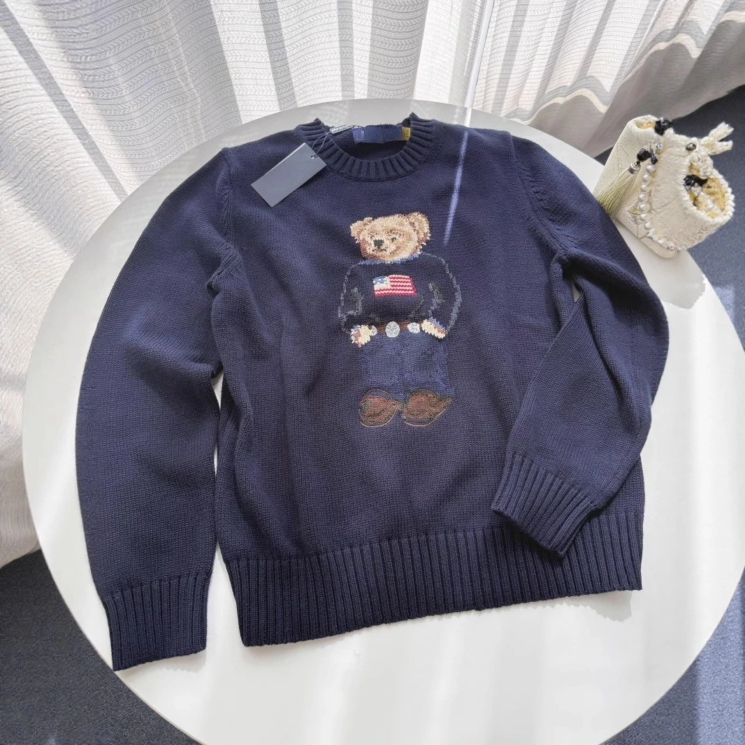 

Cartoon Bear Knit Sweater Men Women's Heavy Embroidery Cotton Top, RL Style Cable Pullover, Soft Casual Crewneck Winter Fashion​