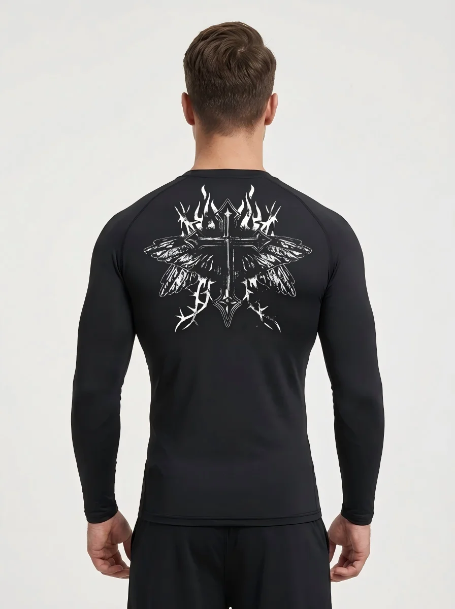 2026 Vintage Cross Print Men's Sports T-shirt Training Fitness Compression Shirt Gothic Pattern Sport T-Shirts Gym Fitness