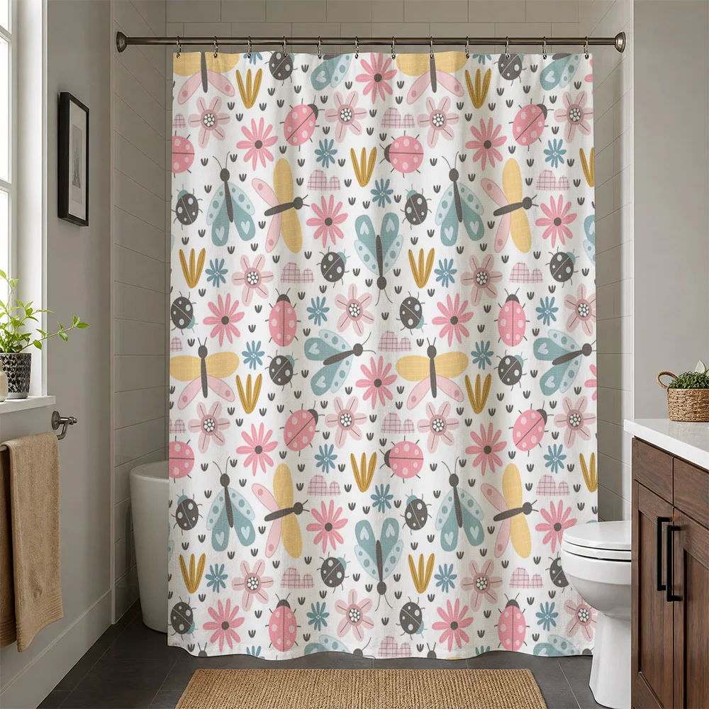 Waterproof Cute Butterfly Ladybug Pattern Shower Curtain Liner for Bathroom Decor Kids Nursery Washroom Home