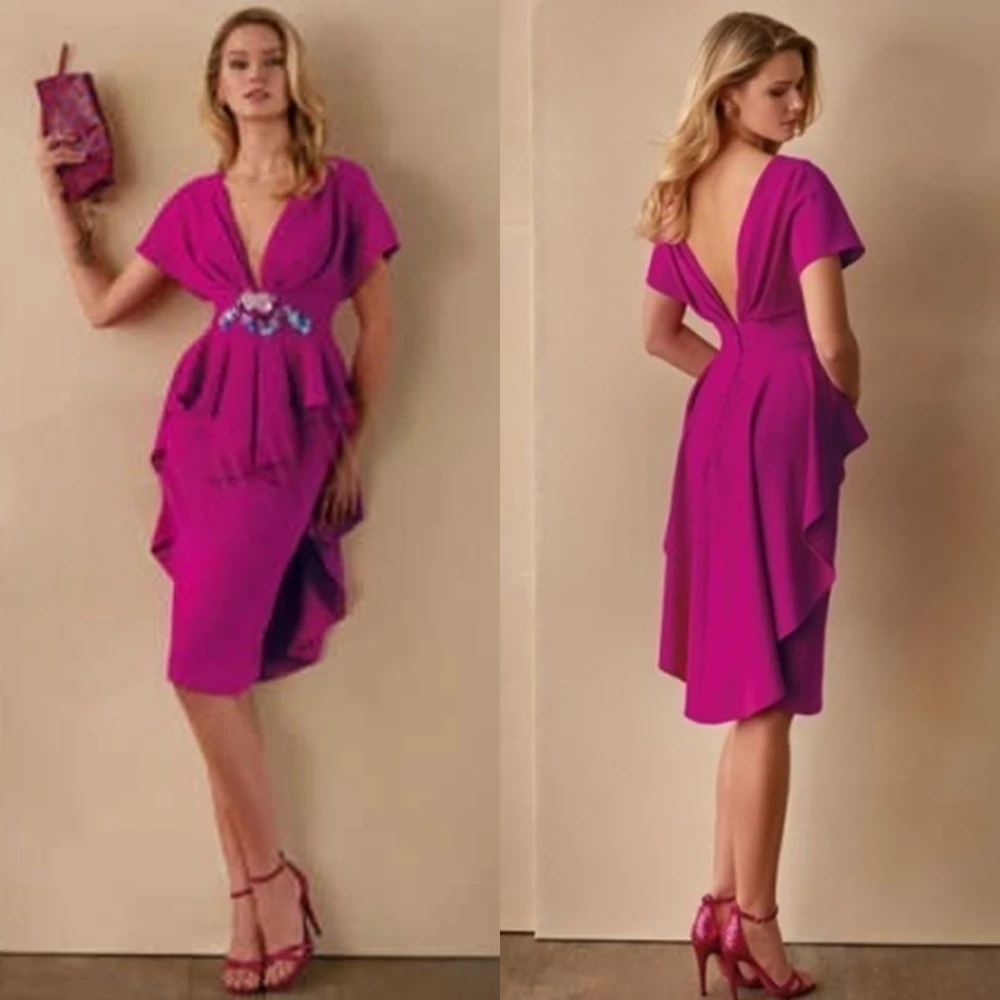 

Customized Elegant Purple Jersey Evening Dress Formal V-Neck Short Sleeves Homecoming Dress Delicate Backless Flowers Prom Dress