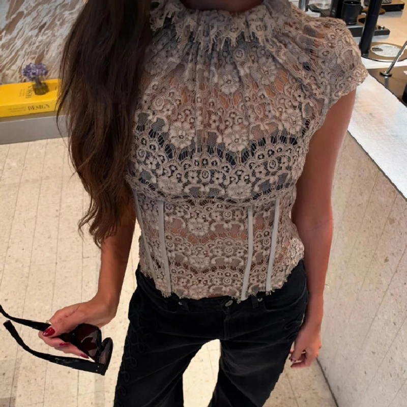 Vintage French Women Lace Tops High Neck Sleeveless Hollow Out Floral Slim Fit Cropped Blouse 2026 New Elegant Party Streetwear