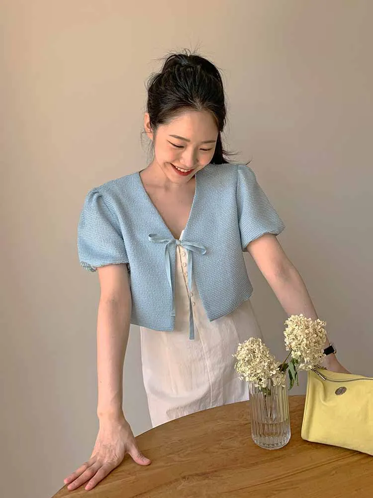 Top da donna Small Fraance Sle Tweed Jaet ort Design Bubble Sve V-Ne ort Sve per donne piccole