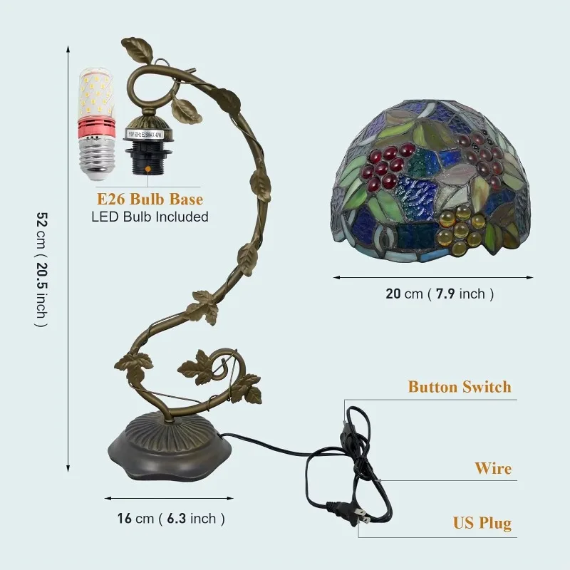 Table lamp blue grape floral style handmade stained glass desk retro reading lamp