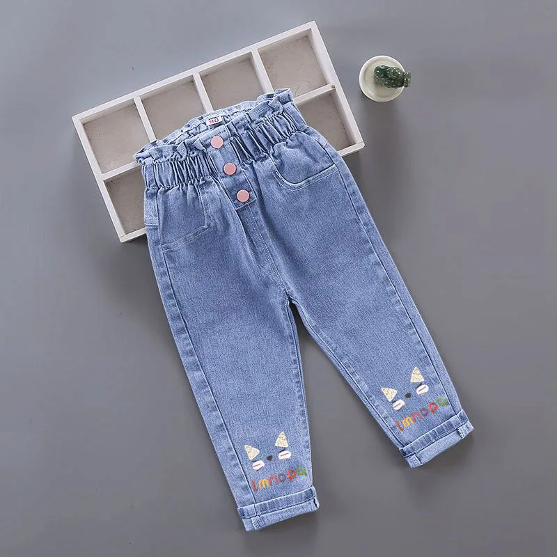 2023 New Girls Jeans Printing Cartoon Elastic Force Girl Pants Spring Autumn Trousers Kids Casual Style Children Clothing 2-7Y