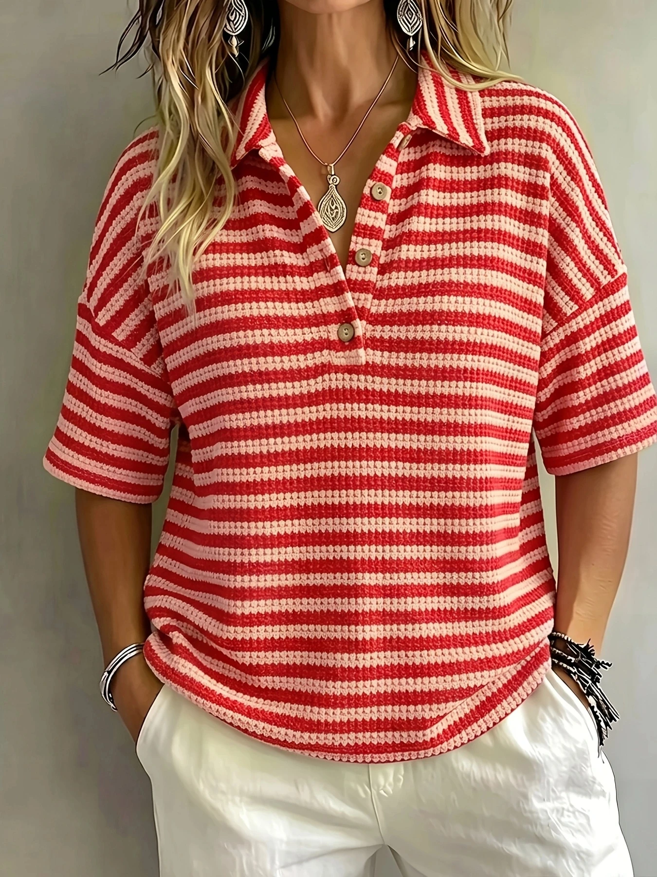 Women's Fashion Striped Waffle Knit Short Sleeve Polo Shirt Summer New Loose Slimming Casual Lapel T-shirt Breathable Youthful V