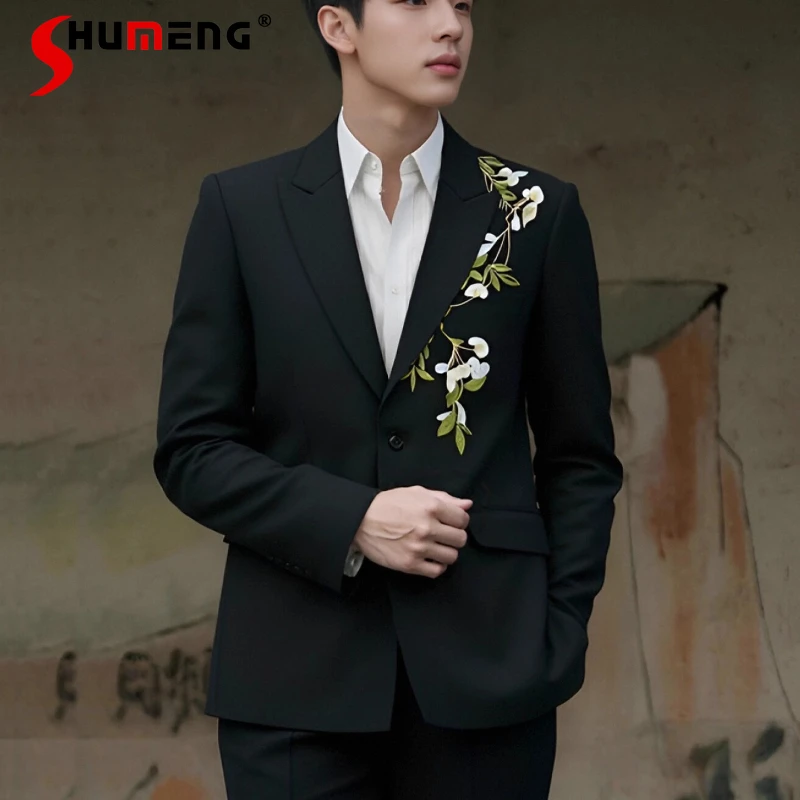 

2025 Four Seasons Wear Tailored Coats Male Trendy New Chinese Style Suit Jackets Men Floral Embroidery Long Sleeve Suit Jackets