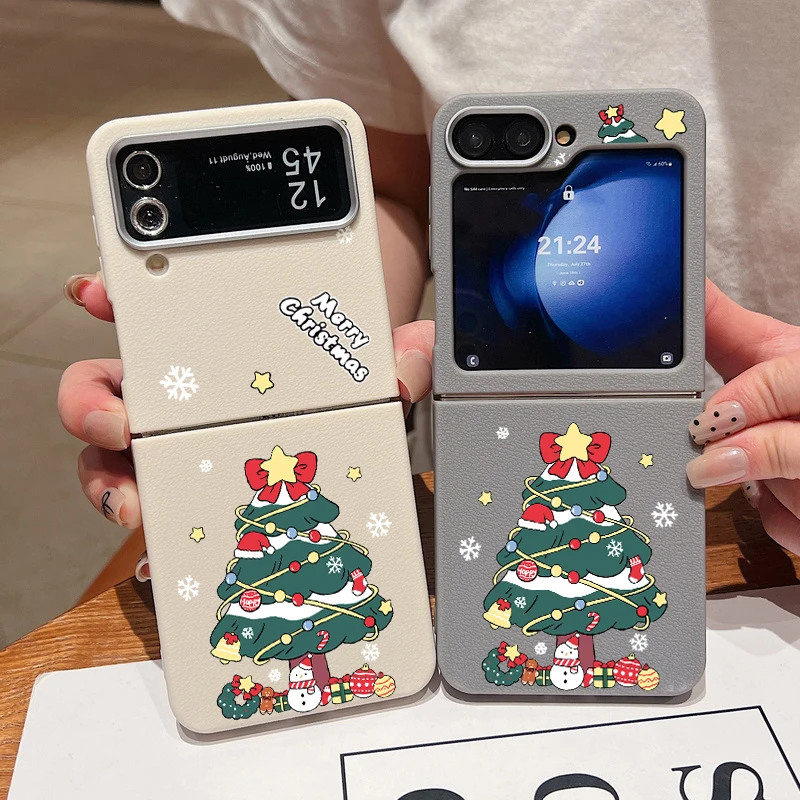 For Samsung Galaxy Z Flip6 Flip5 Flip4 Case Leather Texture Soft Folding Cartoon Christmas Tree Cover For Samsung Z Flip 6 5 4 3