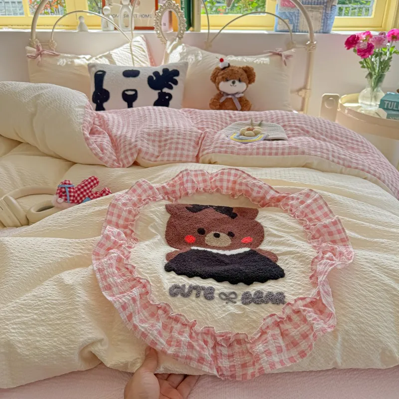 3/4Pcs Bedding Set Cute Cartoon Bear In A Pink Checkered Pattern Kids Bedding Bed Accessories Duvet Set Complete Teen Bedrooms