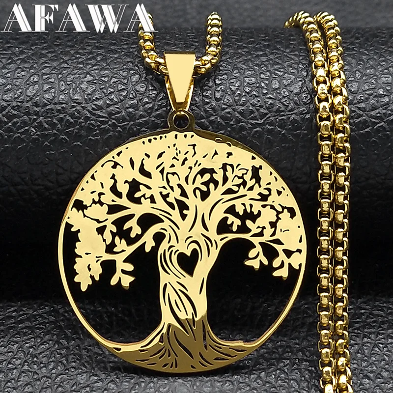 Collar de corazón de amor de árbol de la vida estético para mujeres y hombres, acero inoxidable, Color dorado, amuleto de la suerte, cadena, collar