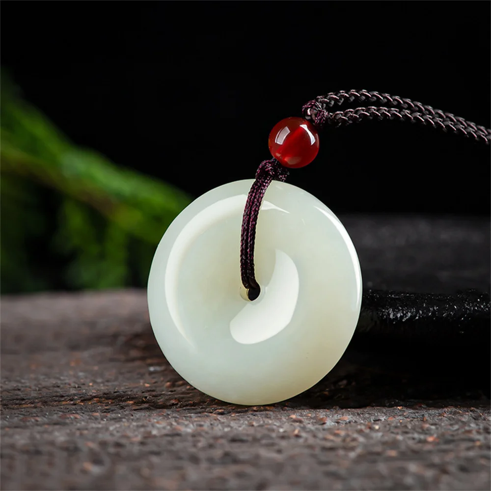 Vintage Natural  White HeTian Jade Carved Round Harmony Buckle Lucky Pendant Amulet Necklace Certificate Luxury Jade Jewelry