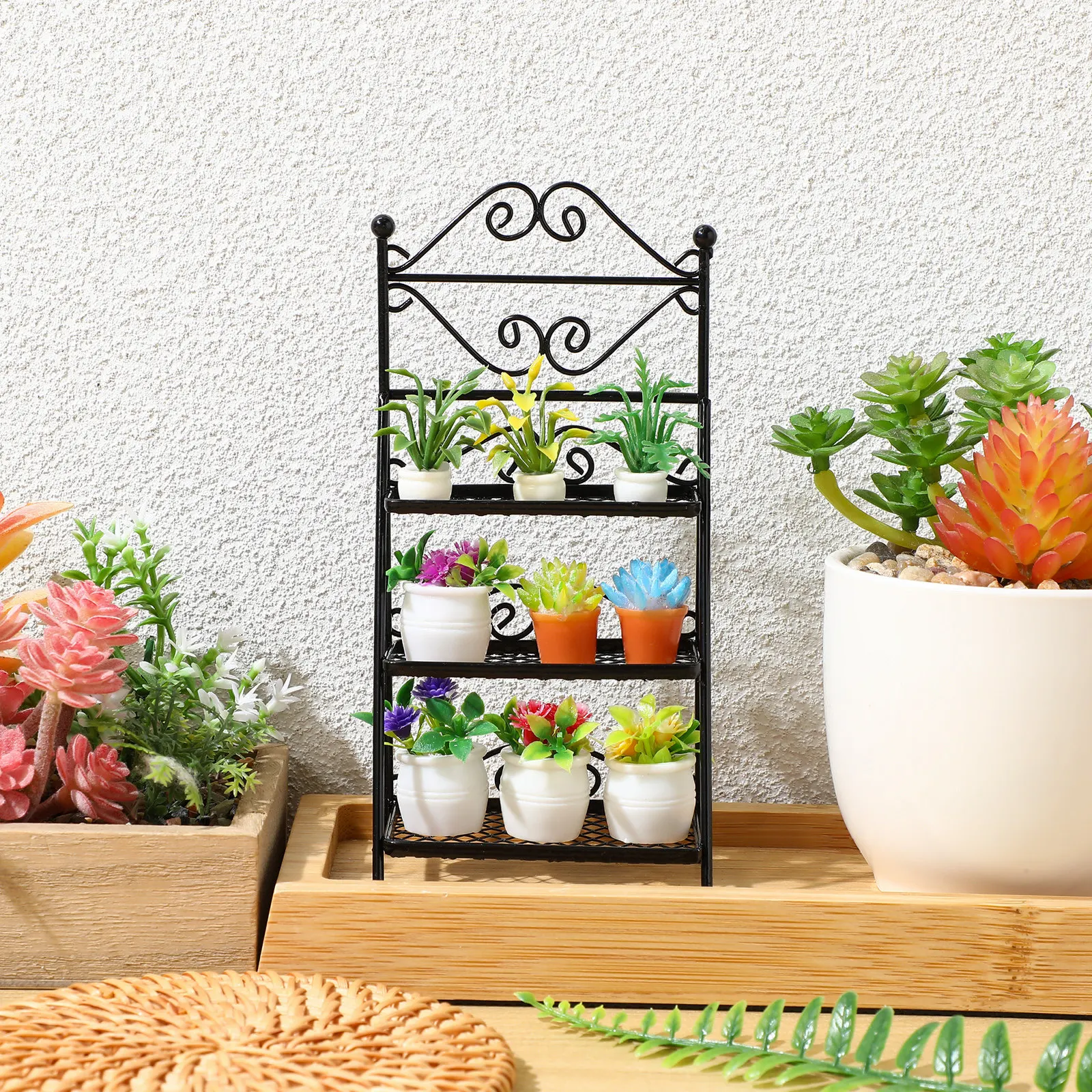

Mini Iron Flowerpot Shelf Delicate Miniature House Display Rack Balcony Furniture Decorative Storage Stand for Mini House