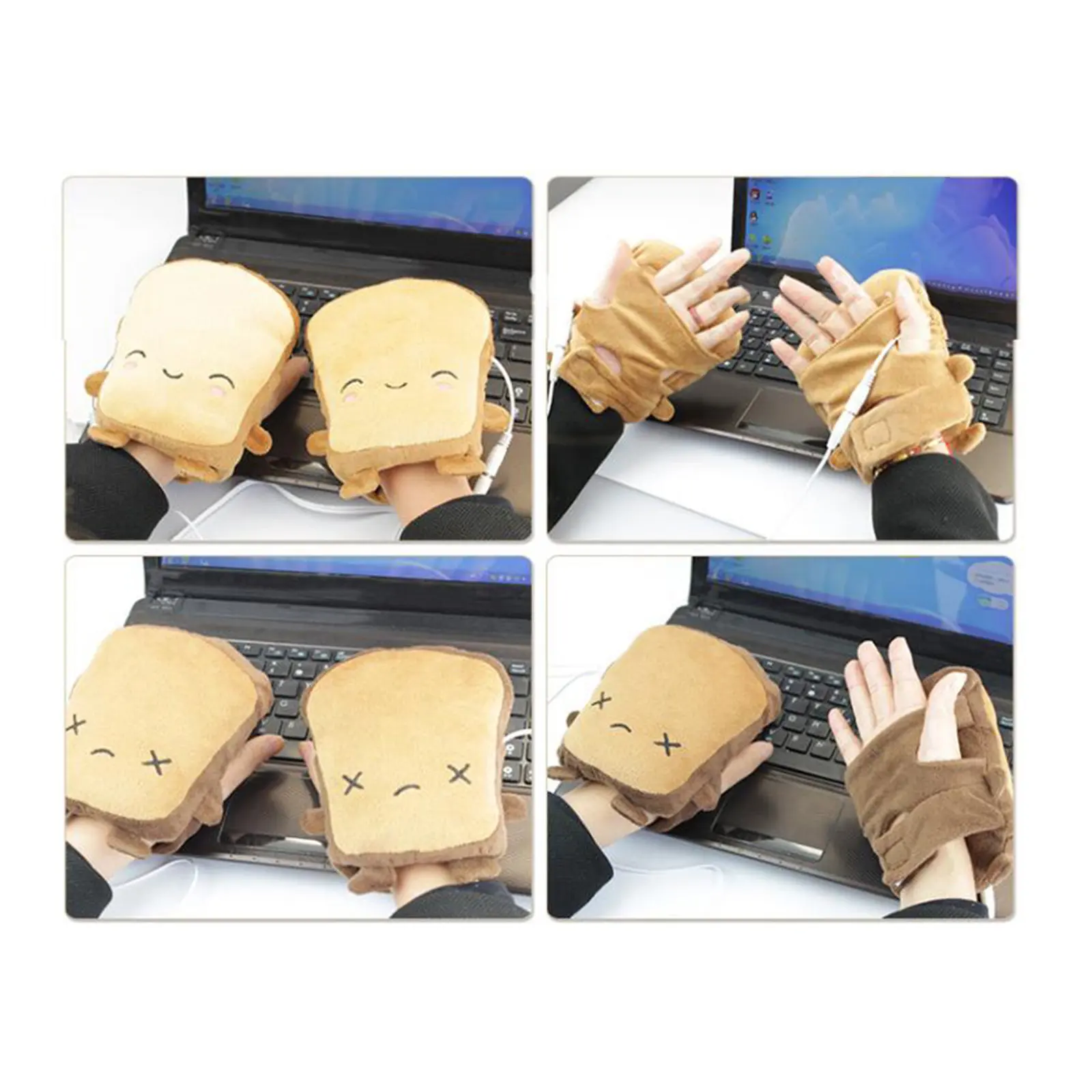 1Pair USB Rechargeable Bread Pattern Heating Gloves Fingerless Winter Warm Electric Hand Warmers for Adults Kids Office Workers