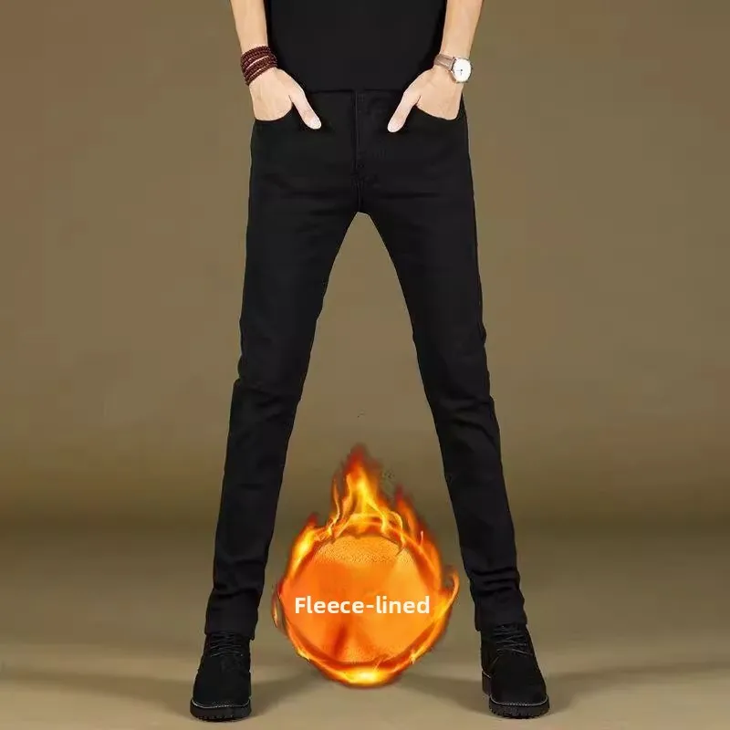 

Pure Bla Fce Lined Slim Fit Men's Jeans Winter Thiened Cuff Korean Sle Trendy Long Casual Faion Pants