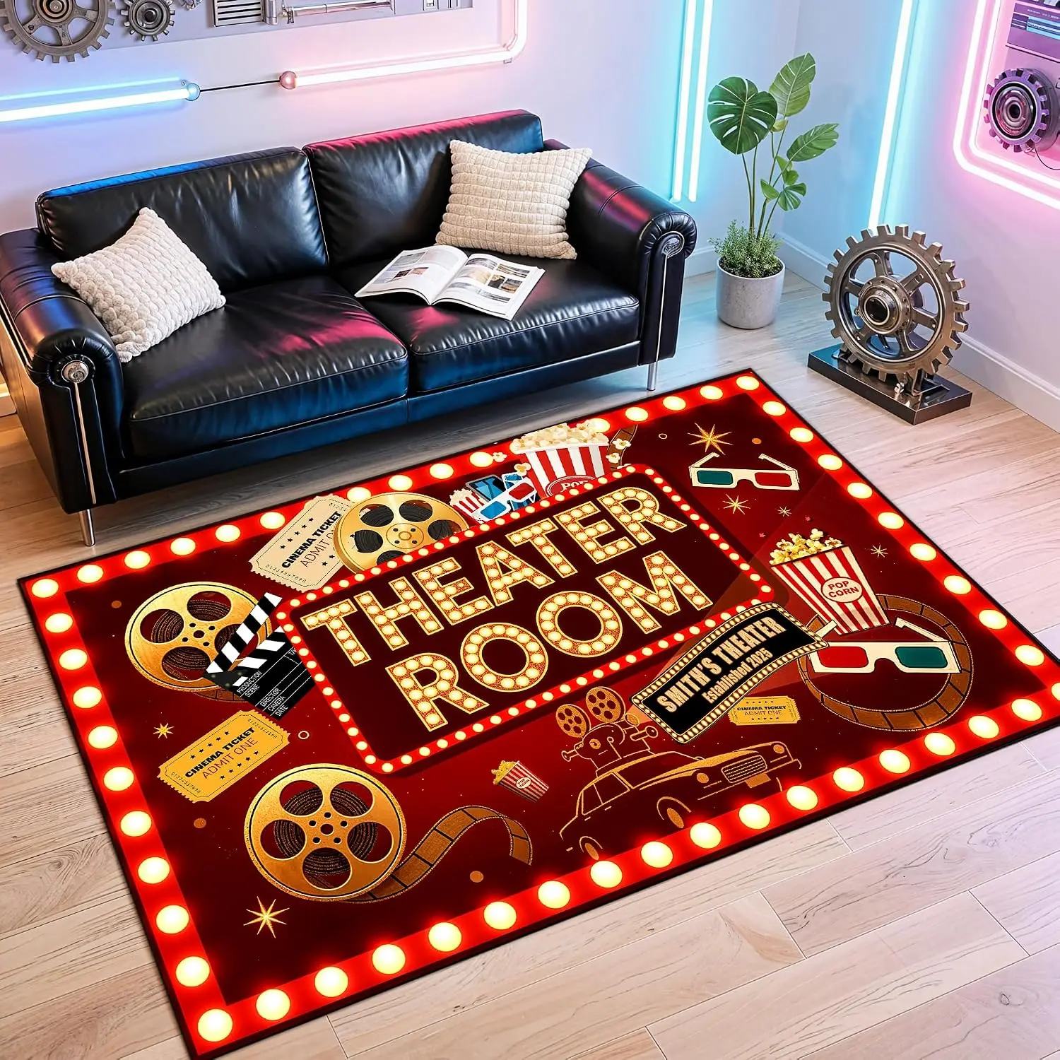 Movie Night Area Rug Home Theater Cinema Decor Washable Non-Slip Floor Carpet for Living Room Movie Lovers Gift