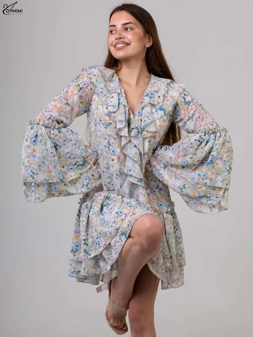 

Oymimi Elegant Beige Print Womens Dresses Fashion V-Neck Puff Sleeve Ruffled Dresses Autumn New Pleated Mini Dress Streetwear