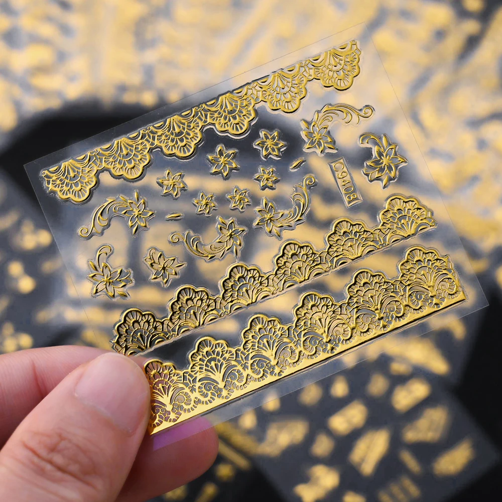 3d adesivos com flor dourada e rendas para decoração de unhas, decalque auto-adesivo, geometria, linha, para nail art, diy, 30pcs