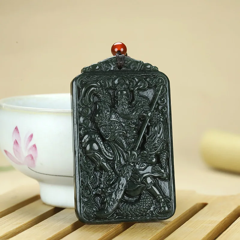Hetian And Green Jade Guan Gong , Fine Material, , Square Plaque Pendant Men