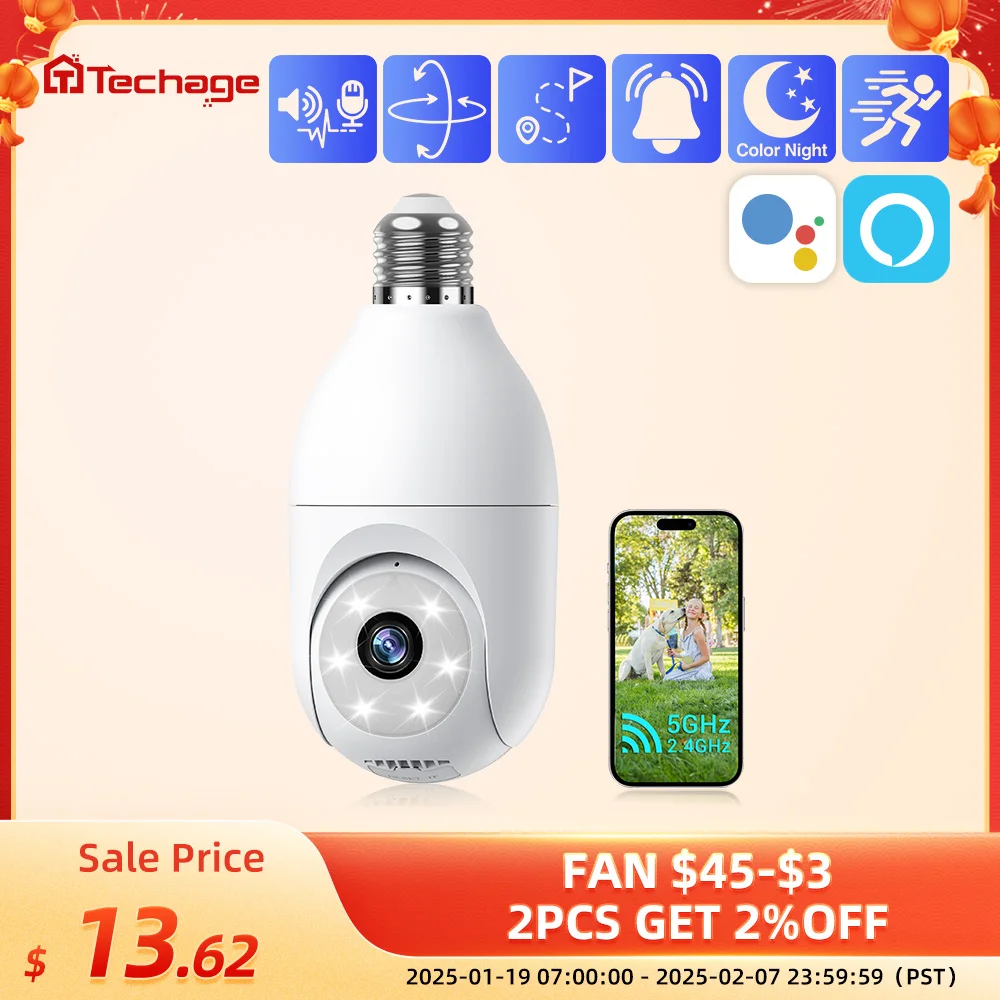 

Techage Tuya 2MP Wifi Camera 5GHz Smart Life Video 2-Way Audio Motion Detection Support Alexa Security Bulb Surveillance Camera