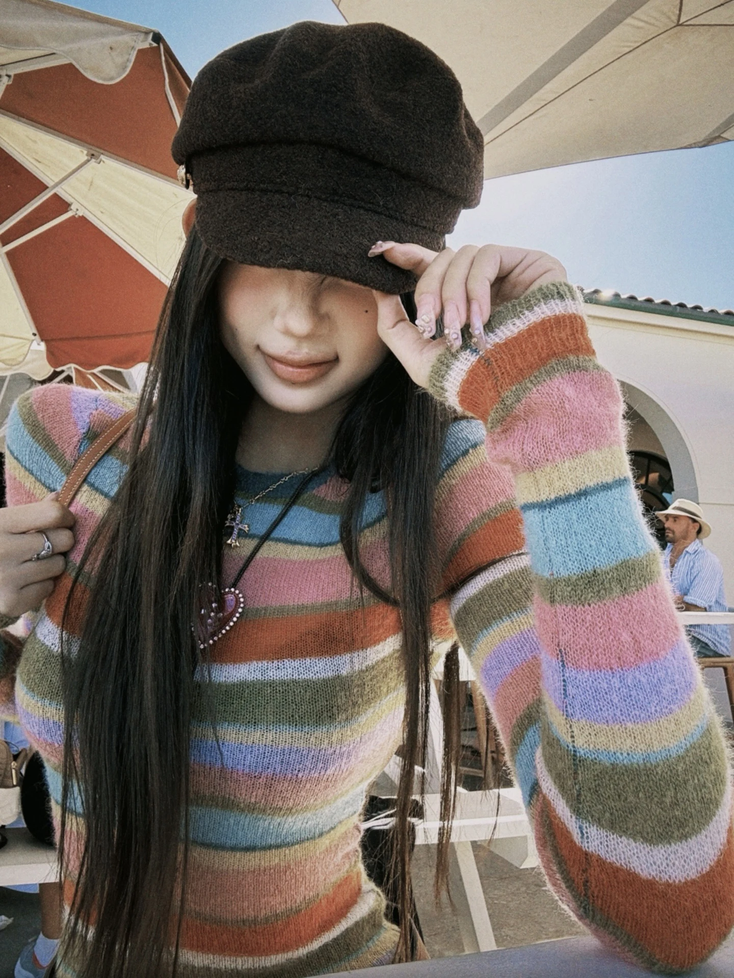 

Tongiiuu Rainbow Stripe Knitted Sweater Women's Denim Bodycon Shorts Set Commute Style Slim Fit Long Sleeve round Neck Warmth