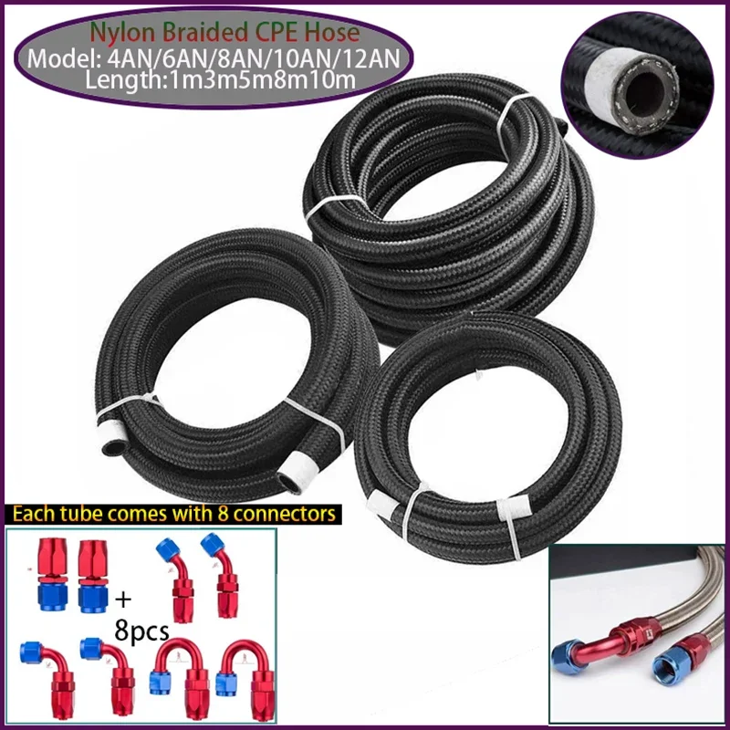 

Black AN4, AN6, AN8, AN10, AN12 with corresponding 0 ° 45 ° 90 ° 180 ° connectors, automotive fuel hose, oil and gas cooler hose