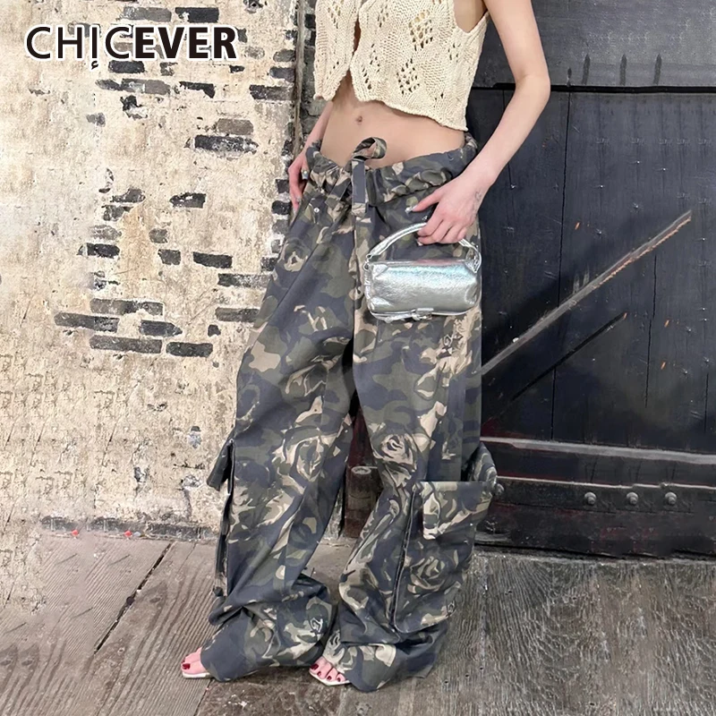 

CHICEVER Camouflage Pants For Women High Waist Spliced Drawstring Streetwear Hit Colour Loose Cargo Pant Female Spring Clothes