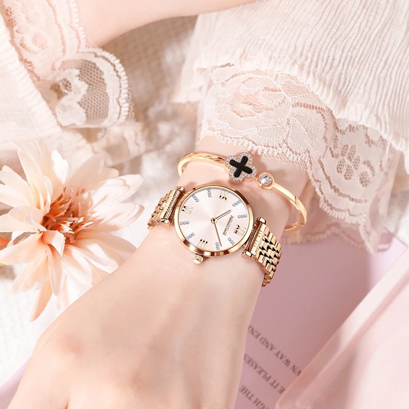 ROMITIME Relógio Feminino Luxo Elegante Tendência Simples À Prova D 'Água Certificação Original Relógio de Pulso de Quartzo de Aço Inoxidável