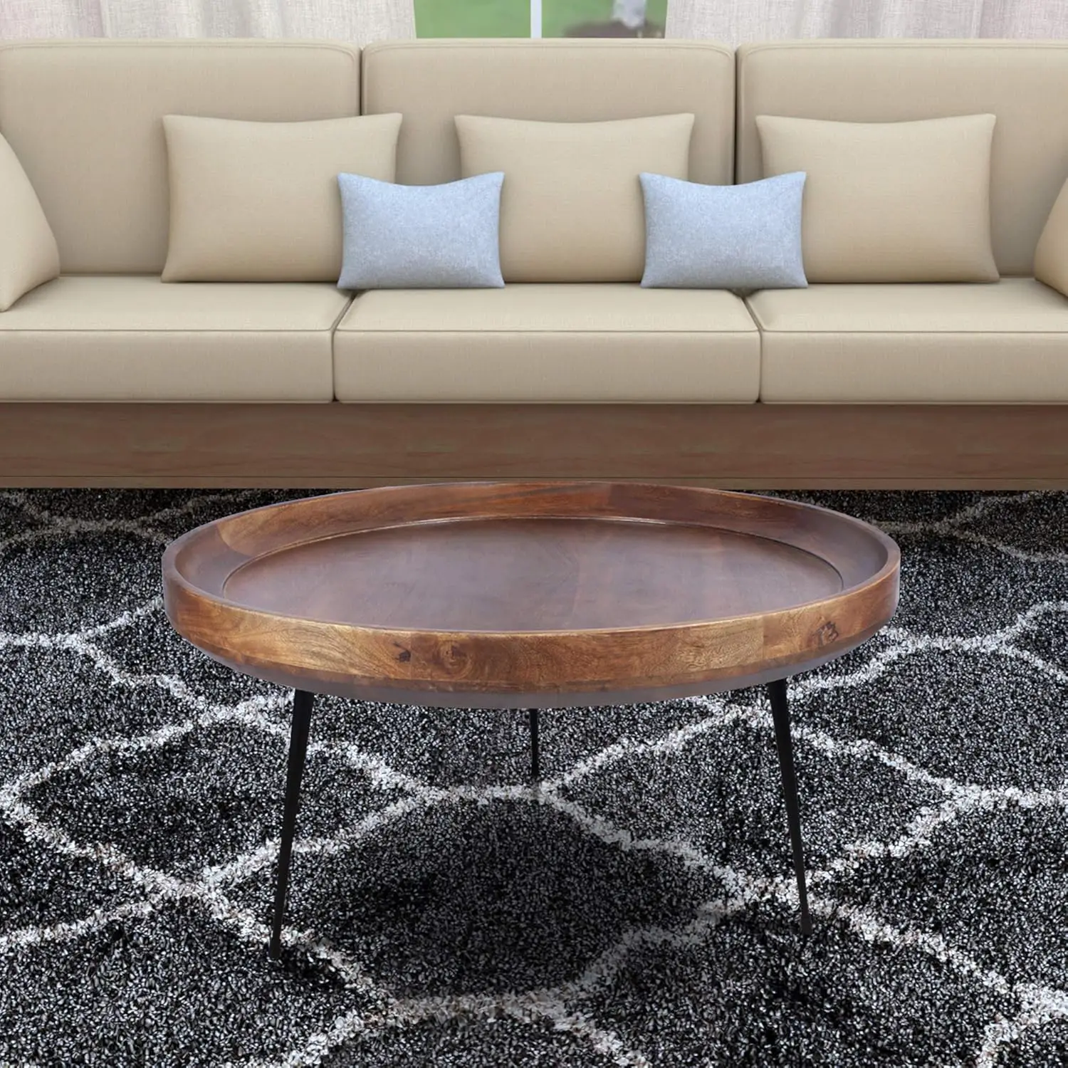 Round Mango Wood Coffee Table with Splayed Metal Legs, Brown and Black