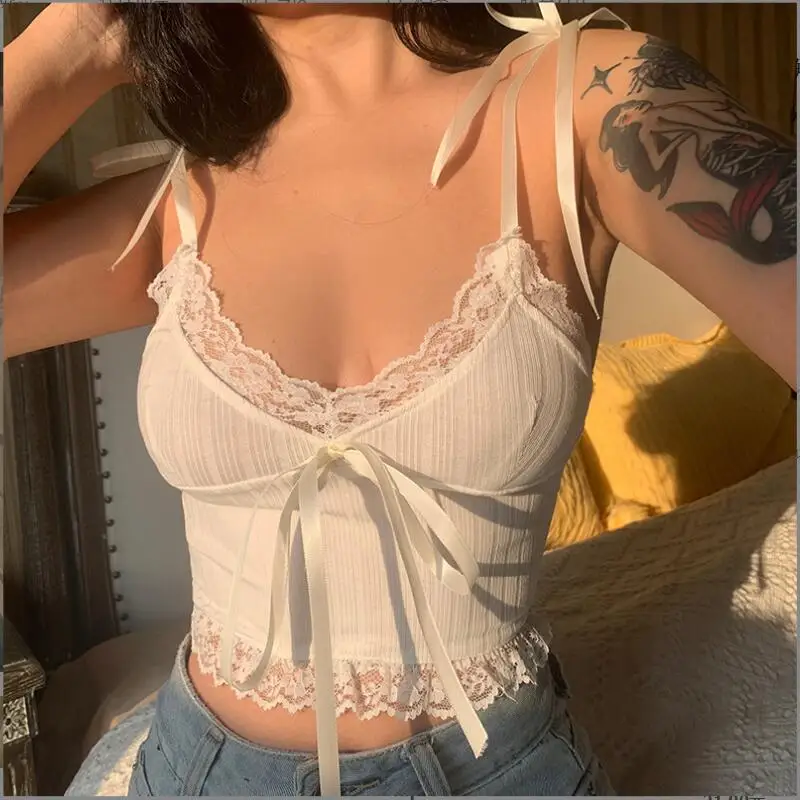 

Y2K Lace Trim Crop Corset Top Women Aesthetic White Bow Cute Sweet Mini Vest Basic Casual Tee Women 2023 Backless Bra p876