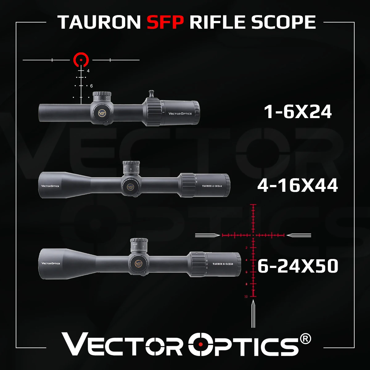

Vector Optics Tauron 1-6x24/4-16x44/6-24x50 SFP Riflescope With HD Lens&Illumination IPX7 Waterproof Fit .223 .308 .338 Hunting