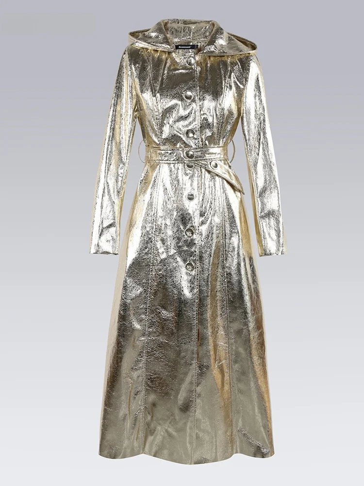 

Женская приталенная куртка из искусственной кожи Nerazzurri Silver Iny Long с капюшоном, глянцевая, для повседневной носки