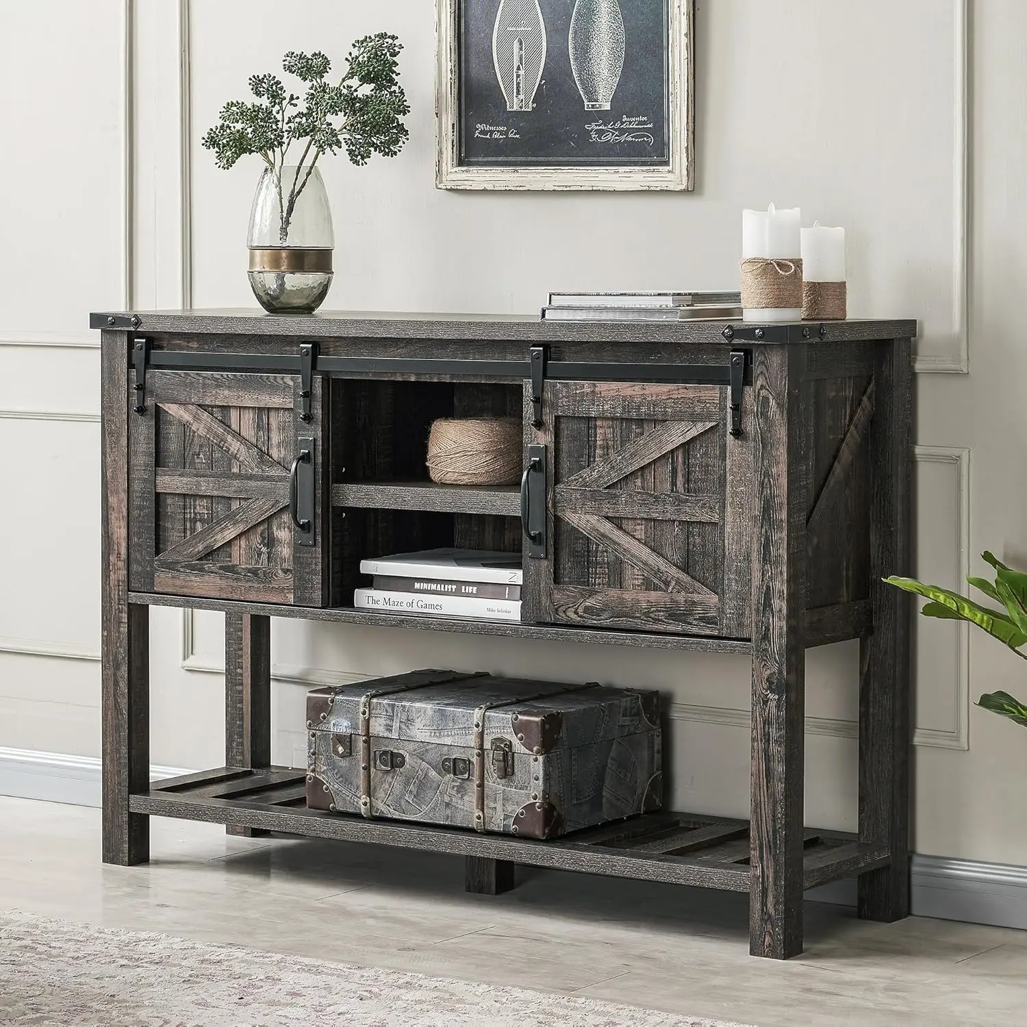 Farmhouse Console Table with Sliding Barn Doors, Rustic Sofa Table, Storage Shelf, Behind Couch, 46"