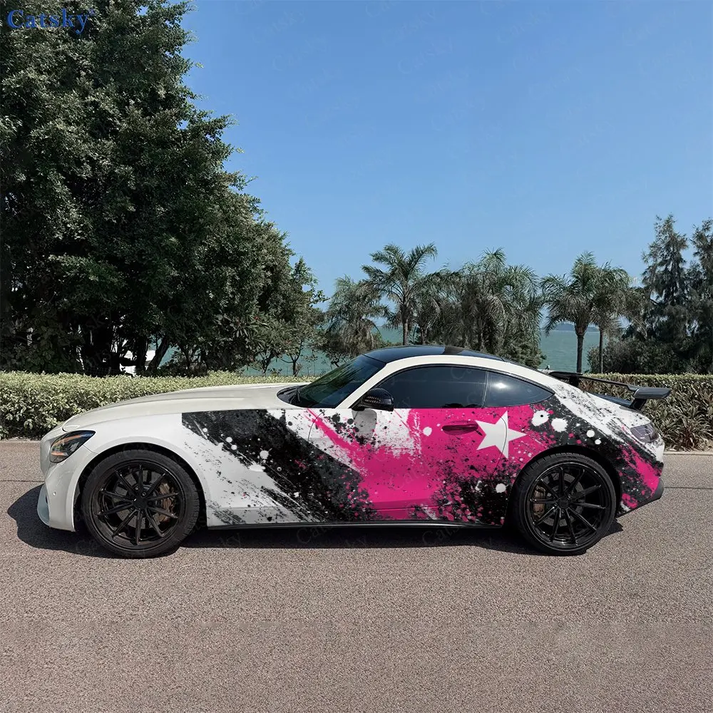 2pcs Dynamic Pink & Black Splatter Star Car Side Wraps, Self-Adhesive PVC Waterproof & Scratch-Resistant Stickers, Car Accessory