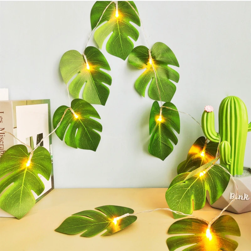 1.5/3m Artificial Green Palm Leaves Light String Home Outdoor LED Fairy Light Wedding Hawaii Party Decor Wall Hanging Garland