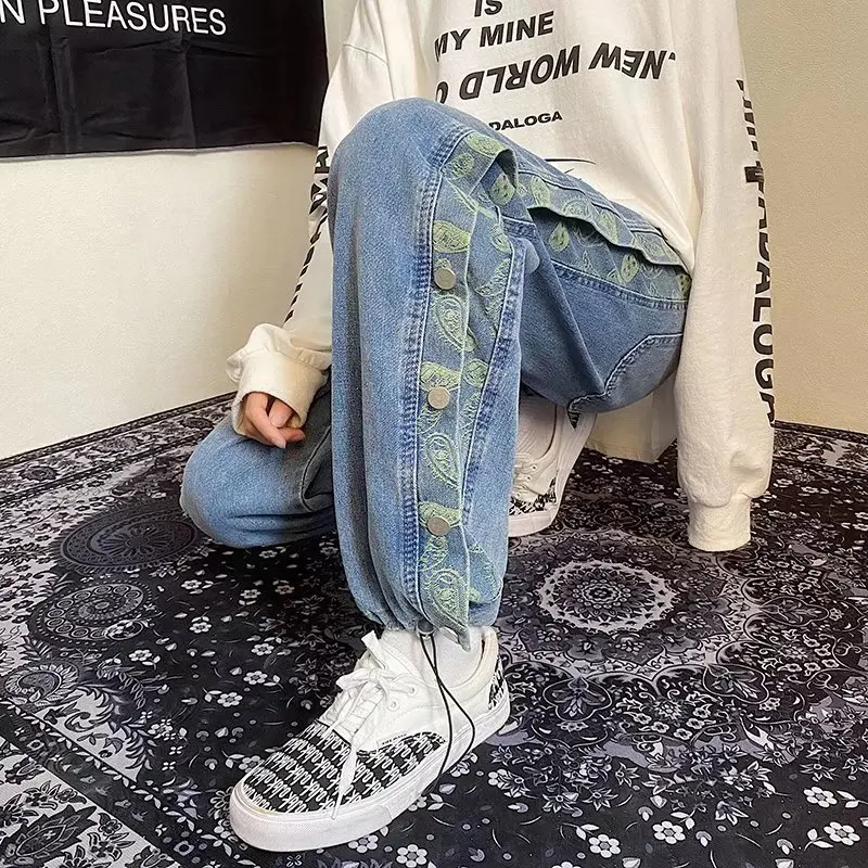 ICCLEK Breasted Jeans Men's Jeans Spring and Autumn Loose Straight Pants Fashion Wide Leg Pants Autumn High Street Jeans