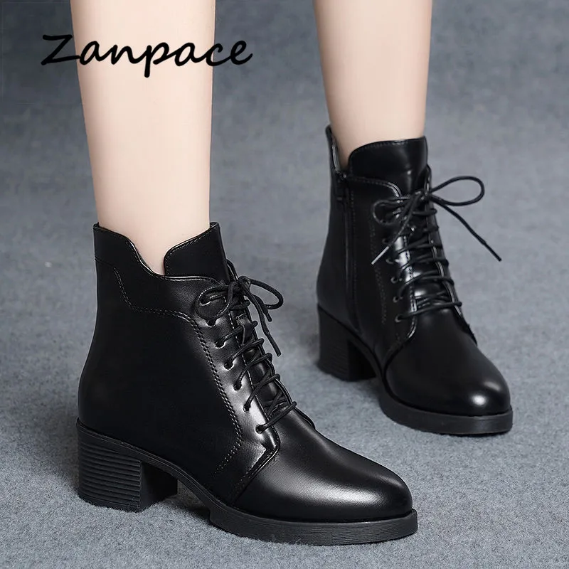 ZANPACE 2021 New Winter Boots Women Lace-Up Keep Warm Fur Women\'s Autumn Shoes Leather High Heel Pointed Toe Women\'s Ankle Boots