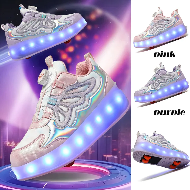 

Gril's Dream butterfly Inline Skate Shoes Four-Wheels Walkable Slippable USB Charging Children's Wheeled Shoes