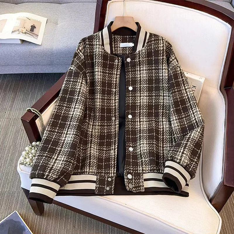 

ITOOLIN Spring autumn and winter loose high school student top up Fashion plaid baseball jacket women's outdoor sportswear