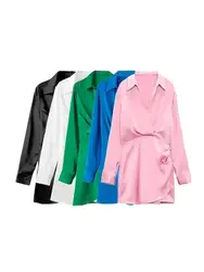 TRAF moda damska z marszczoną satynową Mini sukienka Vintage V Neck z długim rękawem sukienki damskie Vestidos Mujer