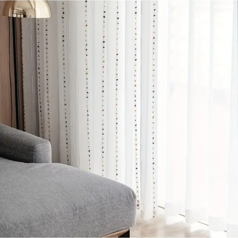 Nordic Simple New Product Double Row Plush Ball Cotton and Linen Yarn Living Room Bedroom Balcony Curtains